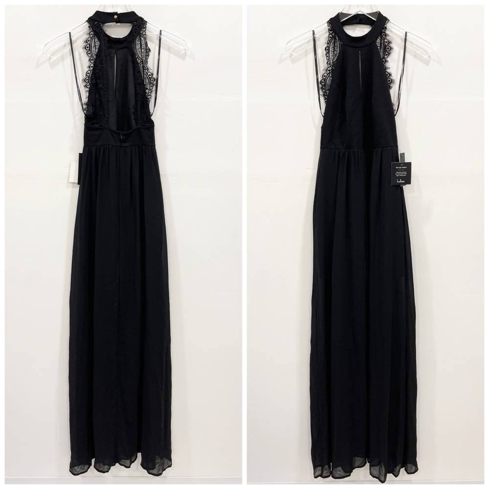 Lulu’s My Beloved Halter Black Lace Maxi Dress Front Slit Overlay Skirt X-Small - Picture 2 of 10